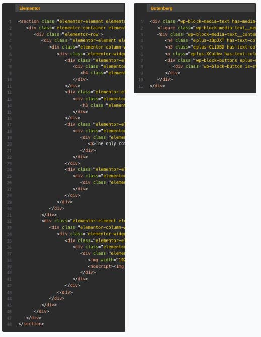 example showing the differences in the amount of coding between a page builder page and Gutenberg built page